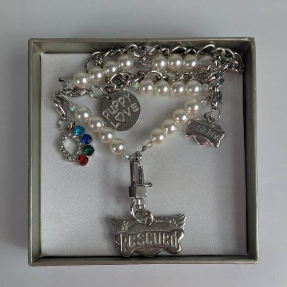 Things Remembered Pearl Dog Collar Necklace Rescued Rhinestones Bling Adjustable - Picture 1 of 5